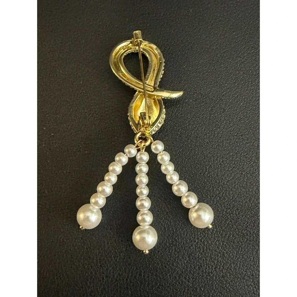 Snake Brooch Rhinestone Green Faux Pearl Gold Tone